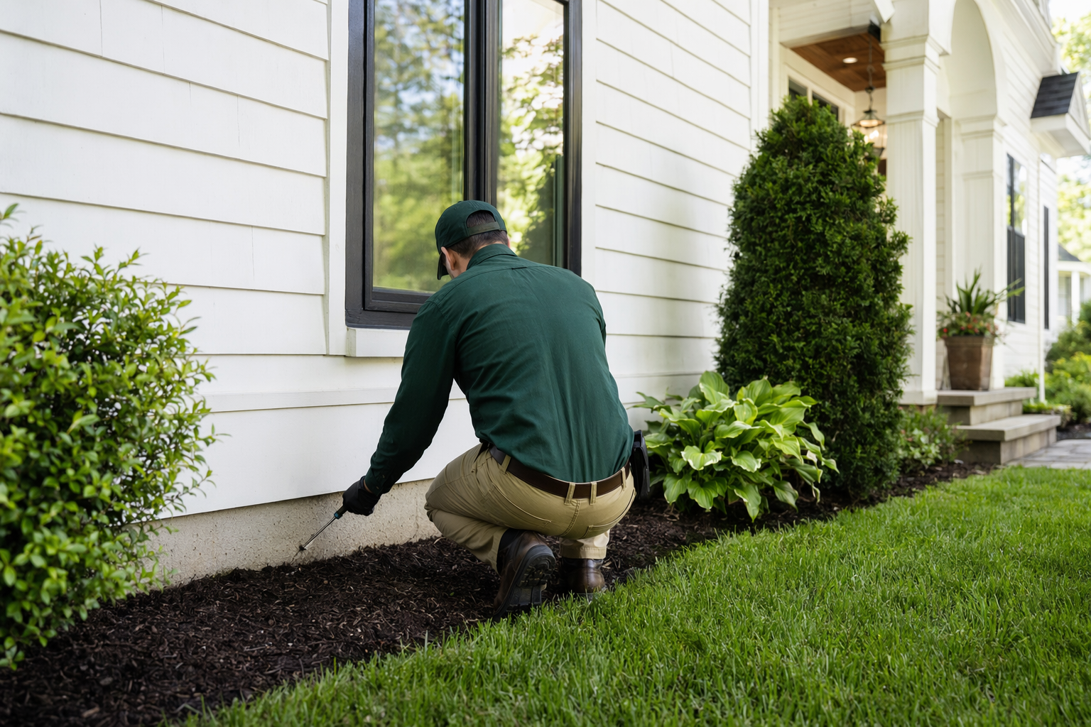 A protected home perimeter with a licensed pest control technician inspecting near the foundation